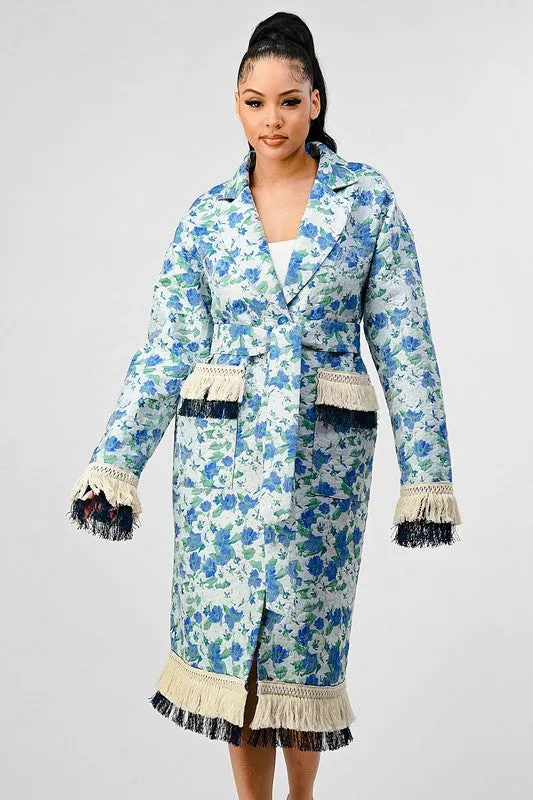 Floral Print Tassel Trench Coat