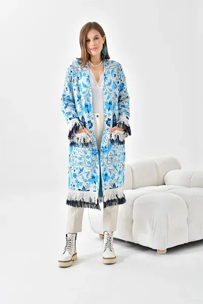 FLORAL PRINT TASSLE TRENCH COAT