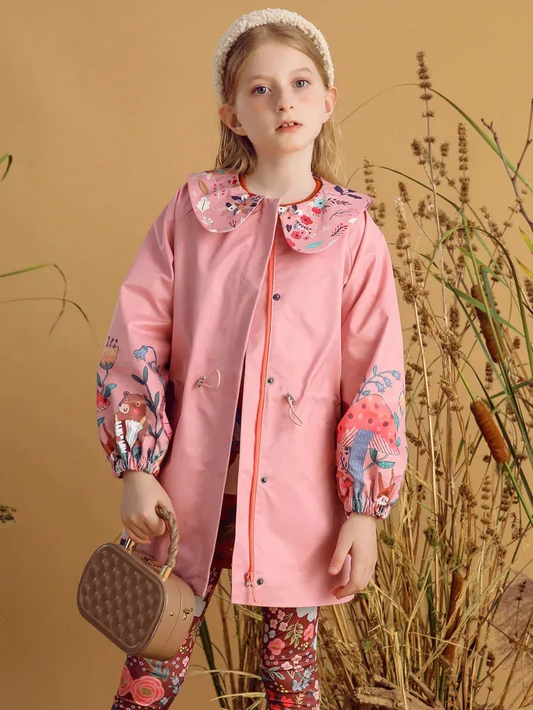 Flowers Printed Peter Pan Collar Girls Trench Coat