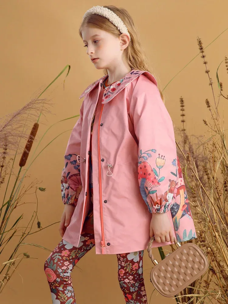 Flowers Printed Peter Pan Collar Girls Trench Coat