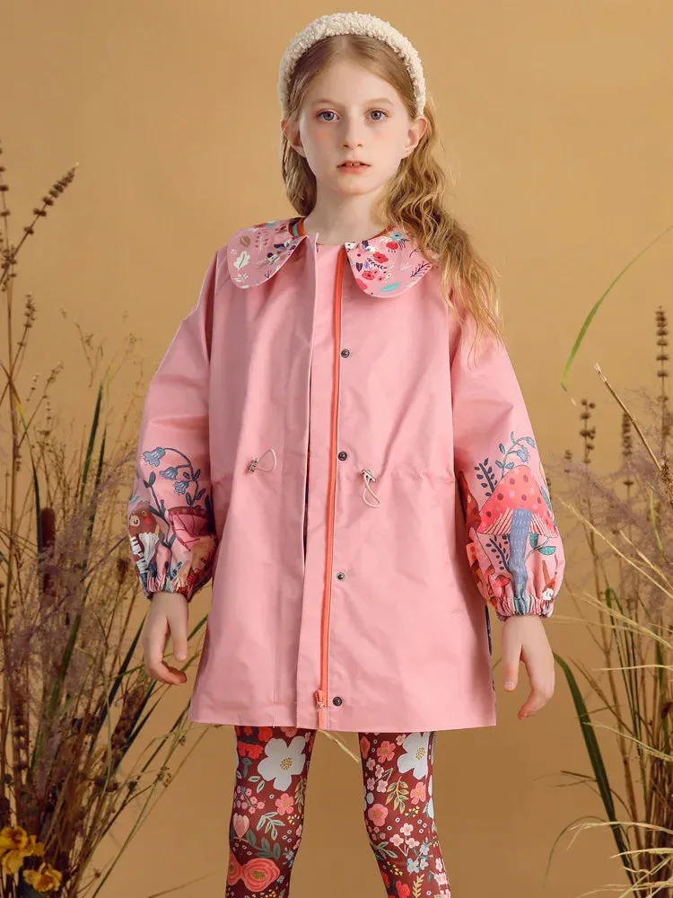 Flowers Printed Peter Pan Collar Girls Trench Coat