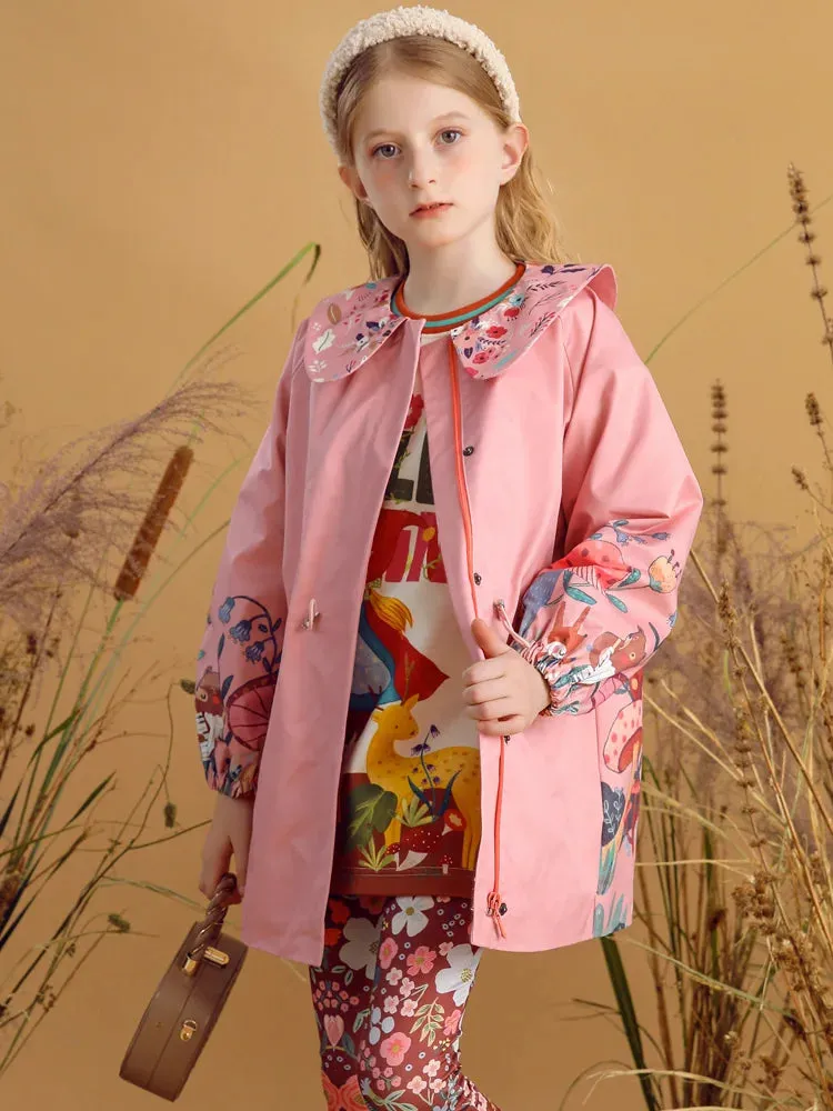 Flowers Printed Peter Pan Collar Girls Trench Coat