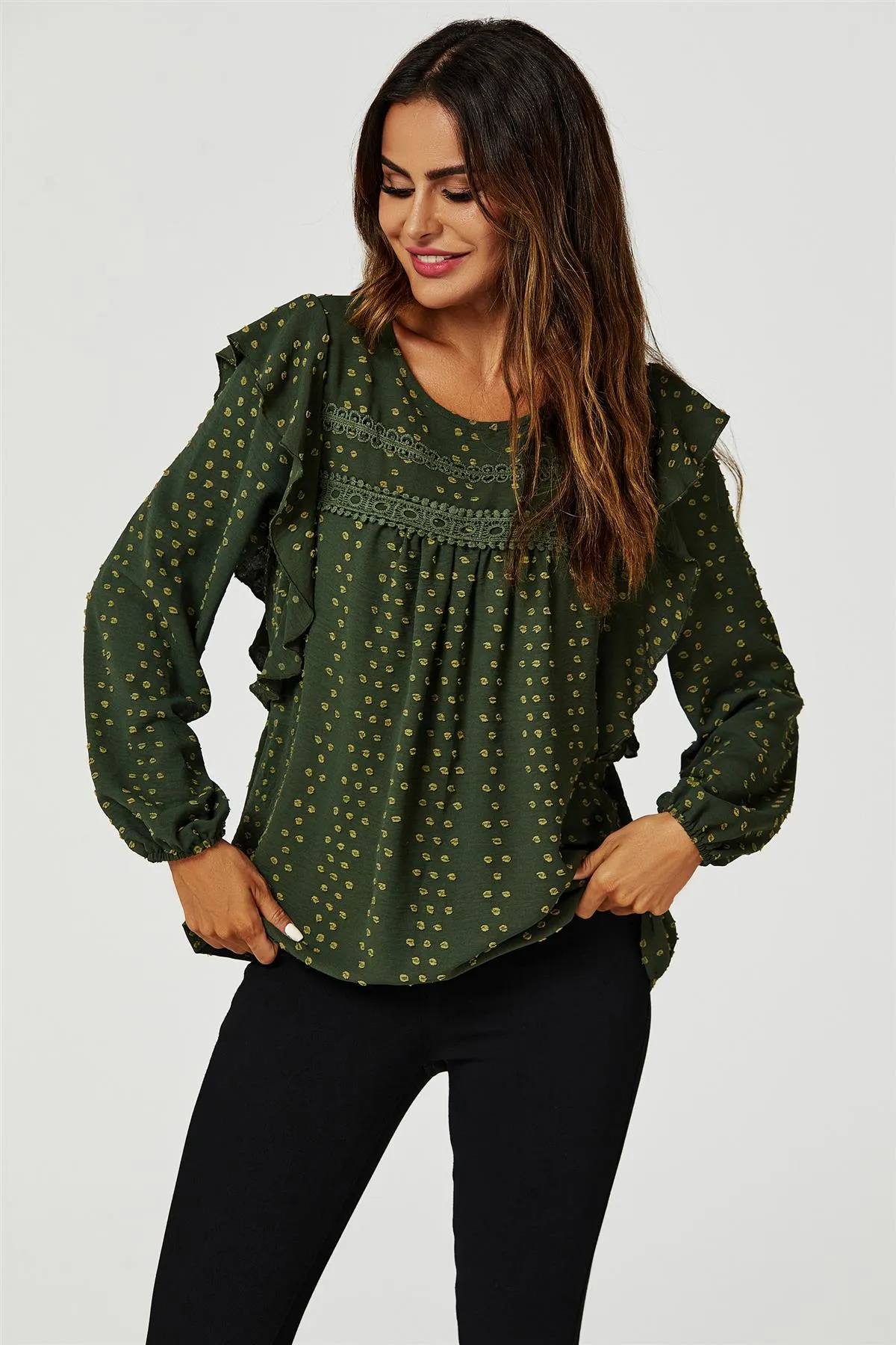 FS Collection Ruffle Lace Detail Long Sleeve Blouse Top In Khaki