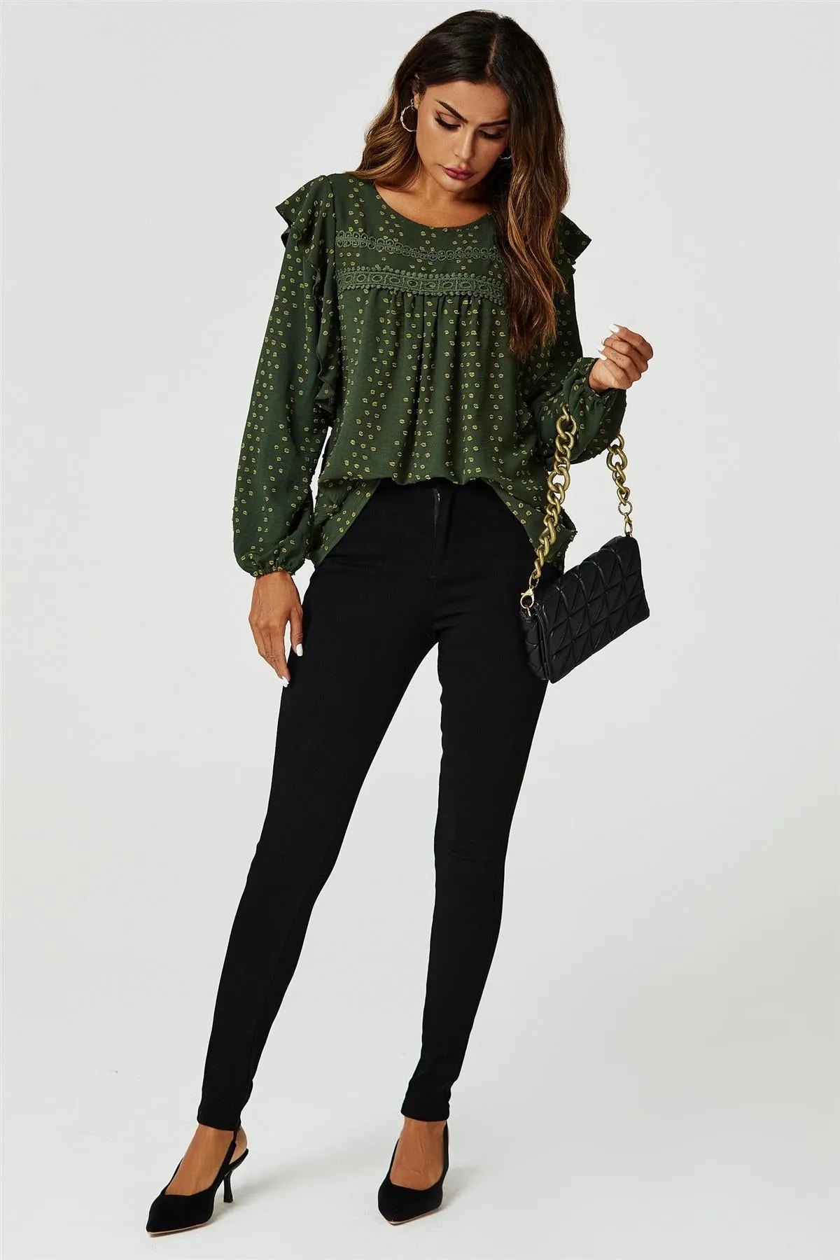 FS Collection Ruffle Lace Detail Long Sleeve Blouse Top In Khaki