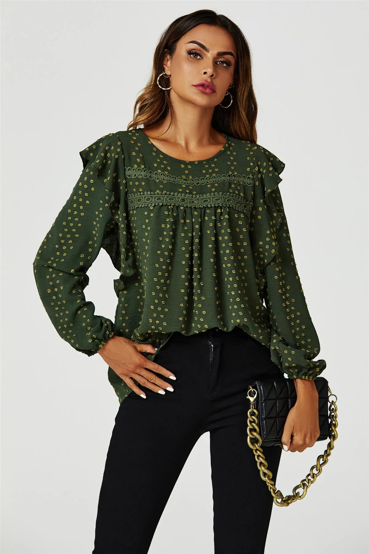 FS Collection Ruffle Lace Detail Long Sleeve Blouse Top In Khaki