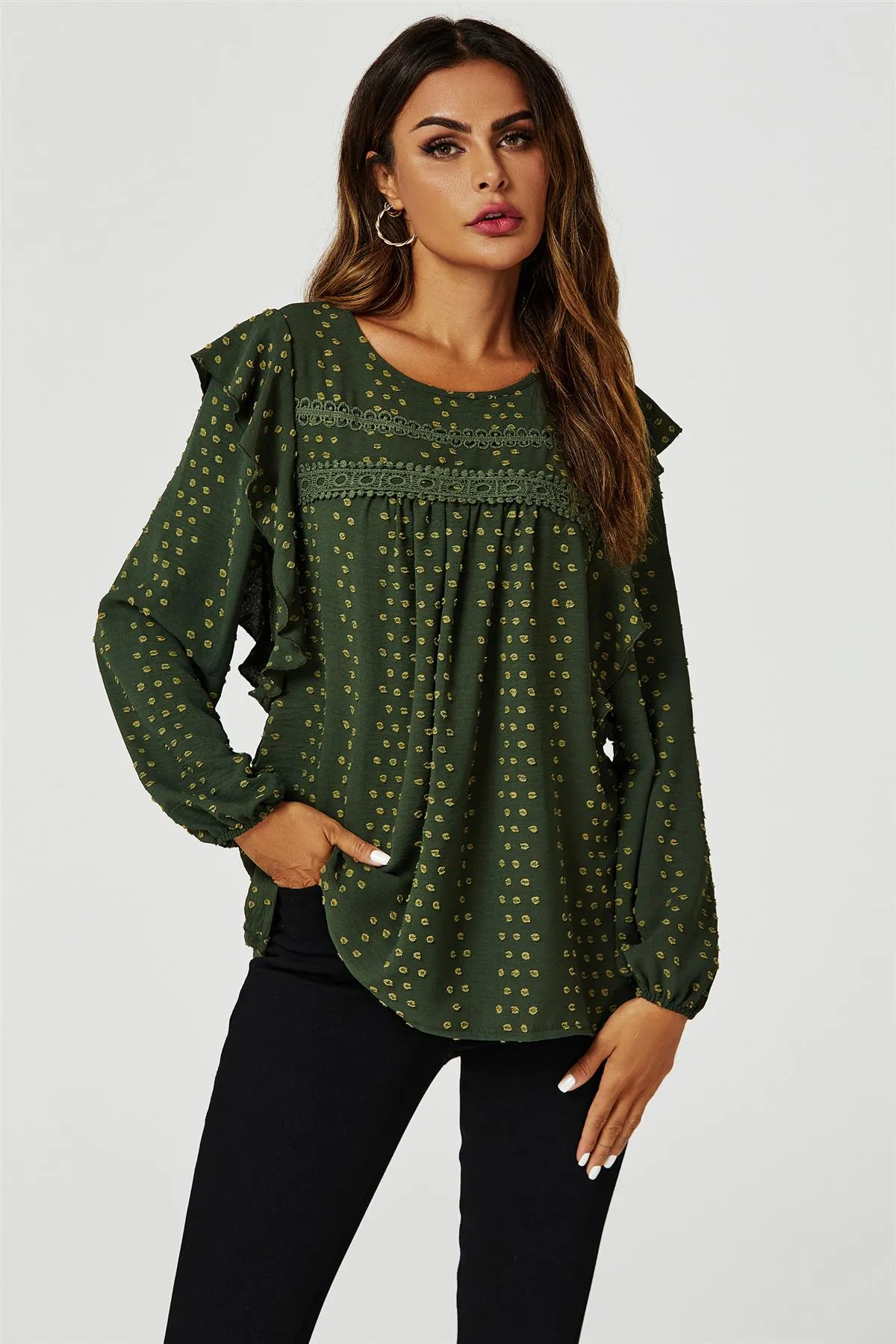 FS Collection Ruffle Lace Detail Long Sleeve Blouse Top In Khaki