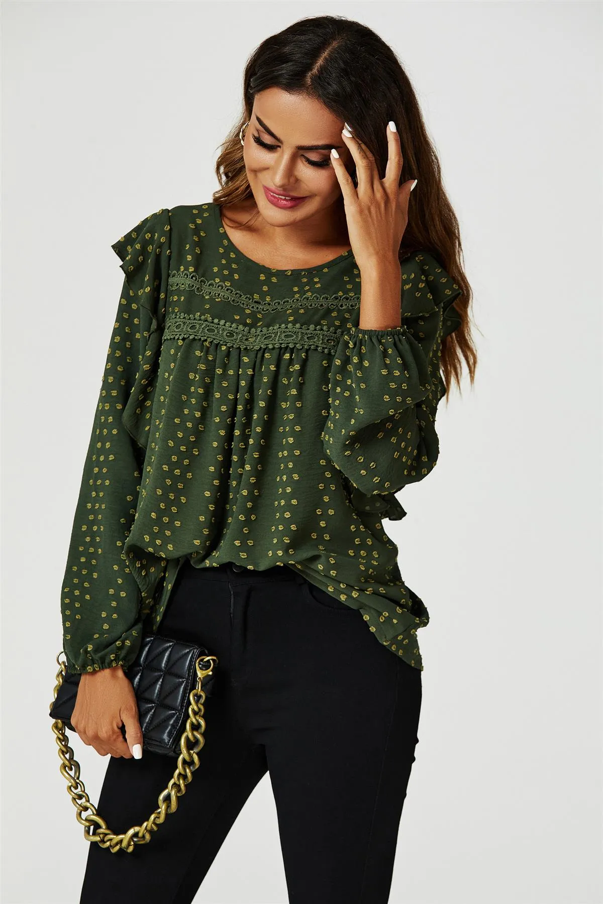 FS Collection Ruffle Lace Detail Long Sleeve Blouse Top In Khaki