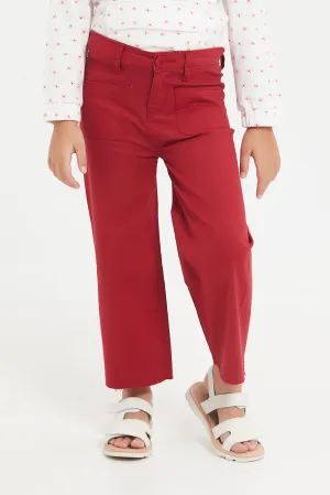 Girls Red Wide Leg Jeans With Front Patch Pockets