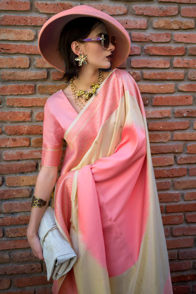 Gleaming Beige and Pink Soft Banarasi Silk Saree With Phenomenal Blouse Piece