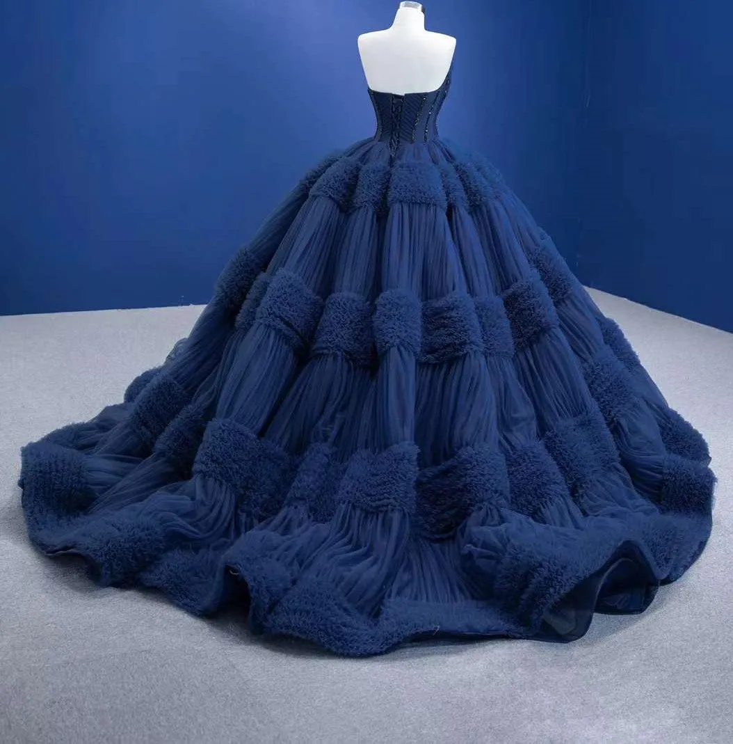 Graceful Backless Ball Gown Navy Blue Prom Dresses Quinceanera Dresses