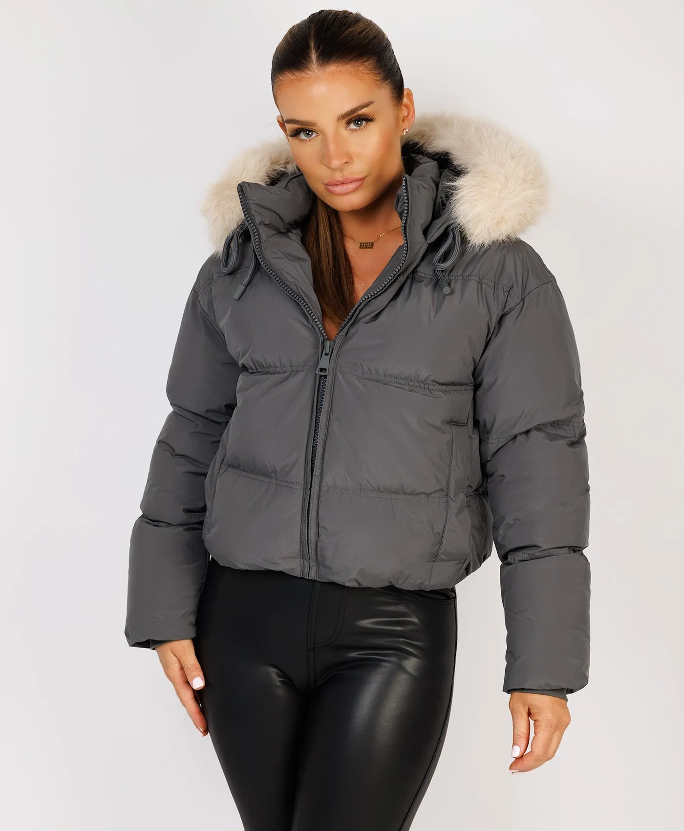 Grey Padded Puffer Chunky Faux Fur Hood Drawstring Jacket