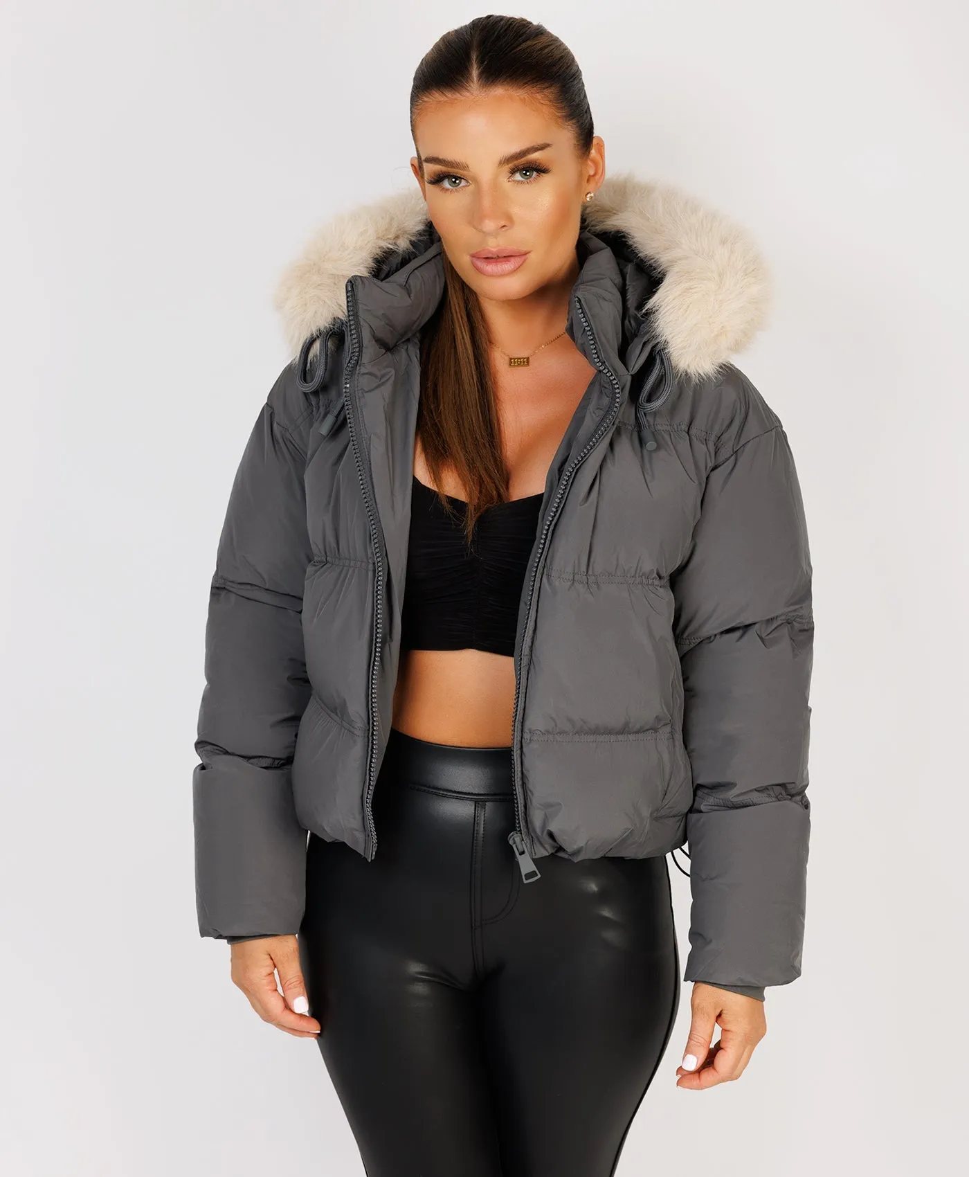 Grey Padded Puffer Chunky Faux Fur Hood Drawstring Jacket