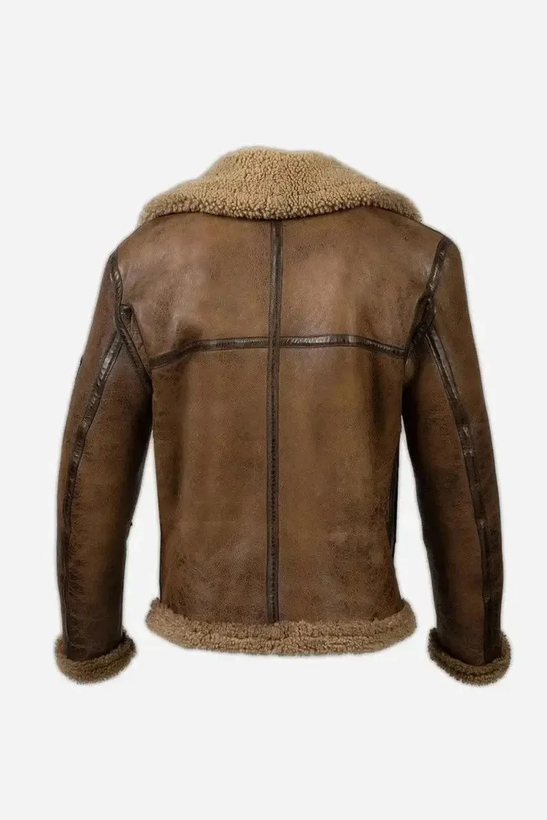 Handmade B3 Bomber Aviator Shearling Fur Jacket | Sheepskin Shearling Fur Flying pilot Winter Jacket | Men's Brown RAF Real Leather Jacket