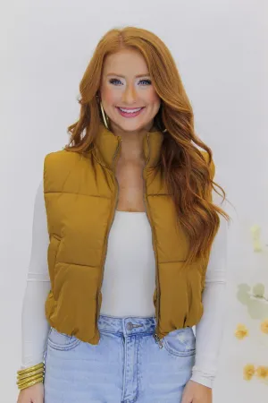 Instant Confidence Cropped Puffer Vest- Brown