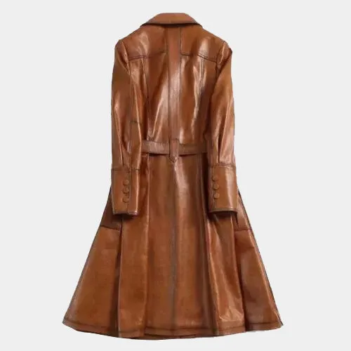 Italian Style Wax Tan Long Leather Trench Coat