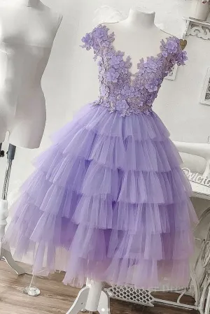 kamahe Purple tulle short prom dress, purple evening dress