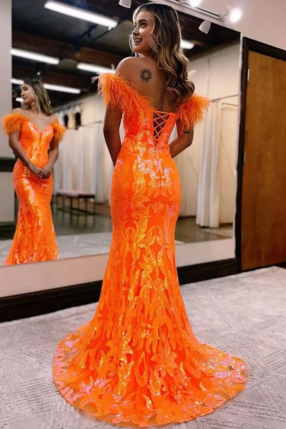 kamahe Sparkly Orange Sequins Off the Shoulder Mermaid Long Prom Dress Split Front Party Evening Dresses