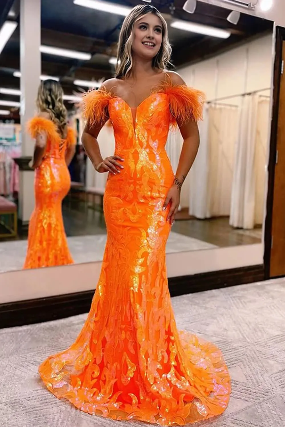 kamahe Sparkly Orange Sequins Off the Shoulder Mermaid Long Prom Dress Split Front Party Evening Dresses