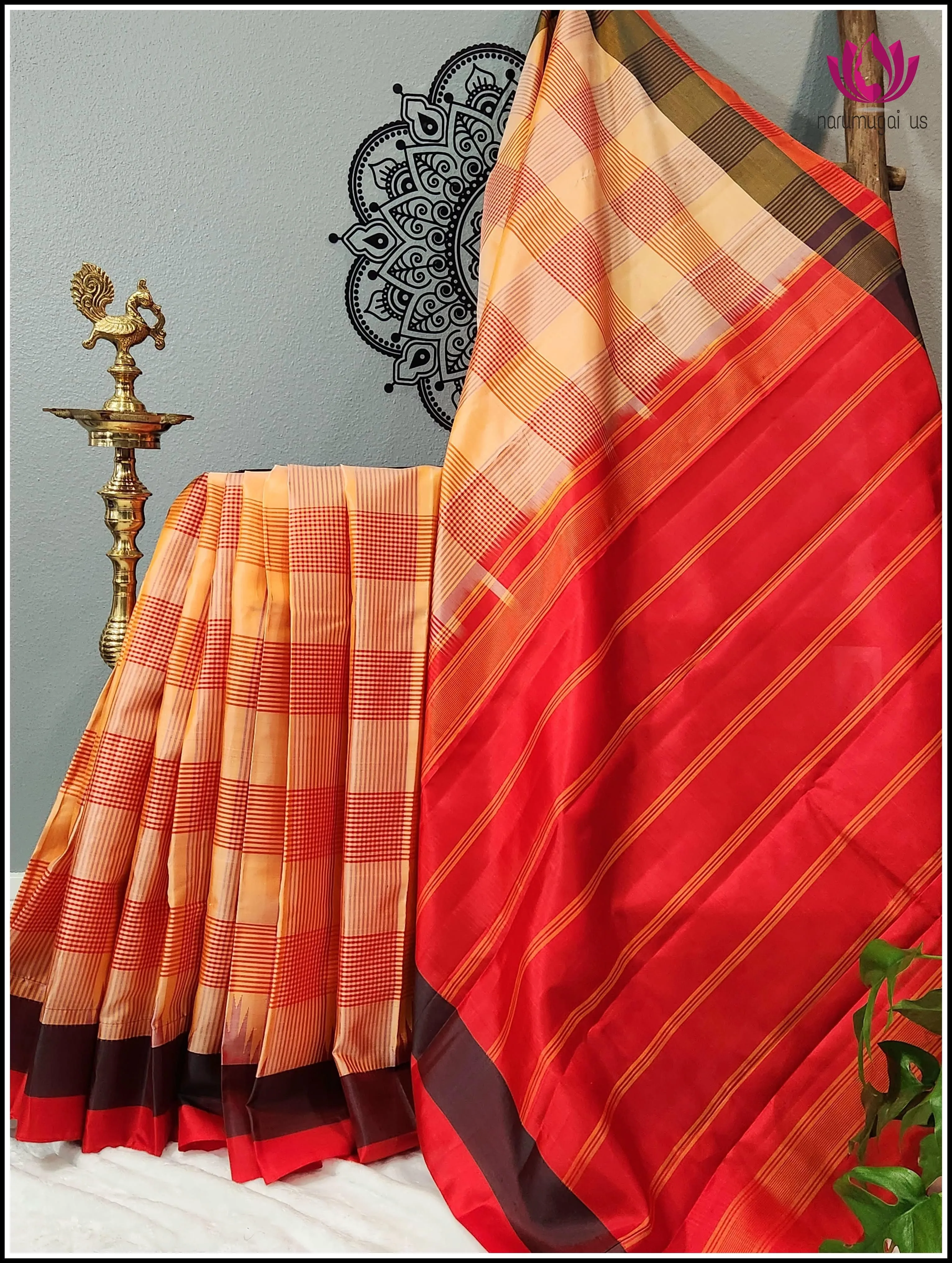 Kanchipuram soft silk in light orange and bright orange - Silkmark Certified