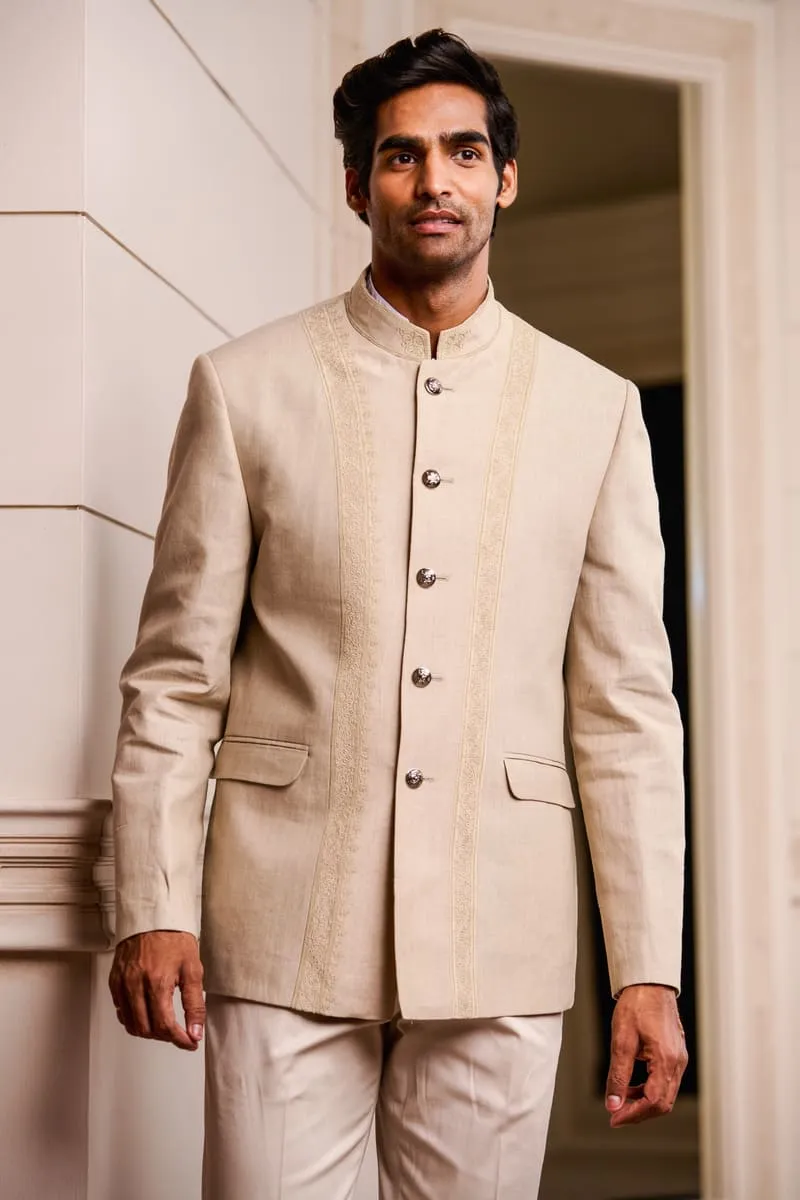 Khaki Linen Bandhgala With Dori Embroidery