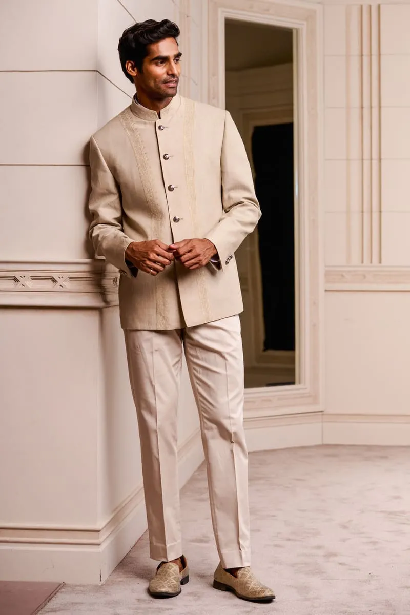 Khaki Linen Bandhgala With Dori Embroidery