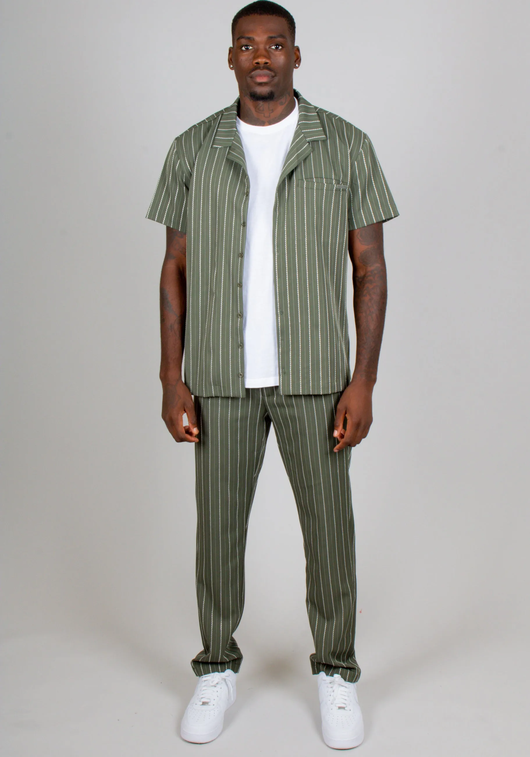 Khaki Pinstripe Straight Leg Trousers