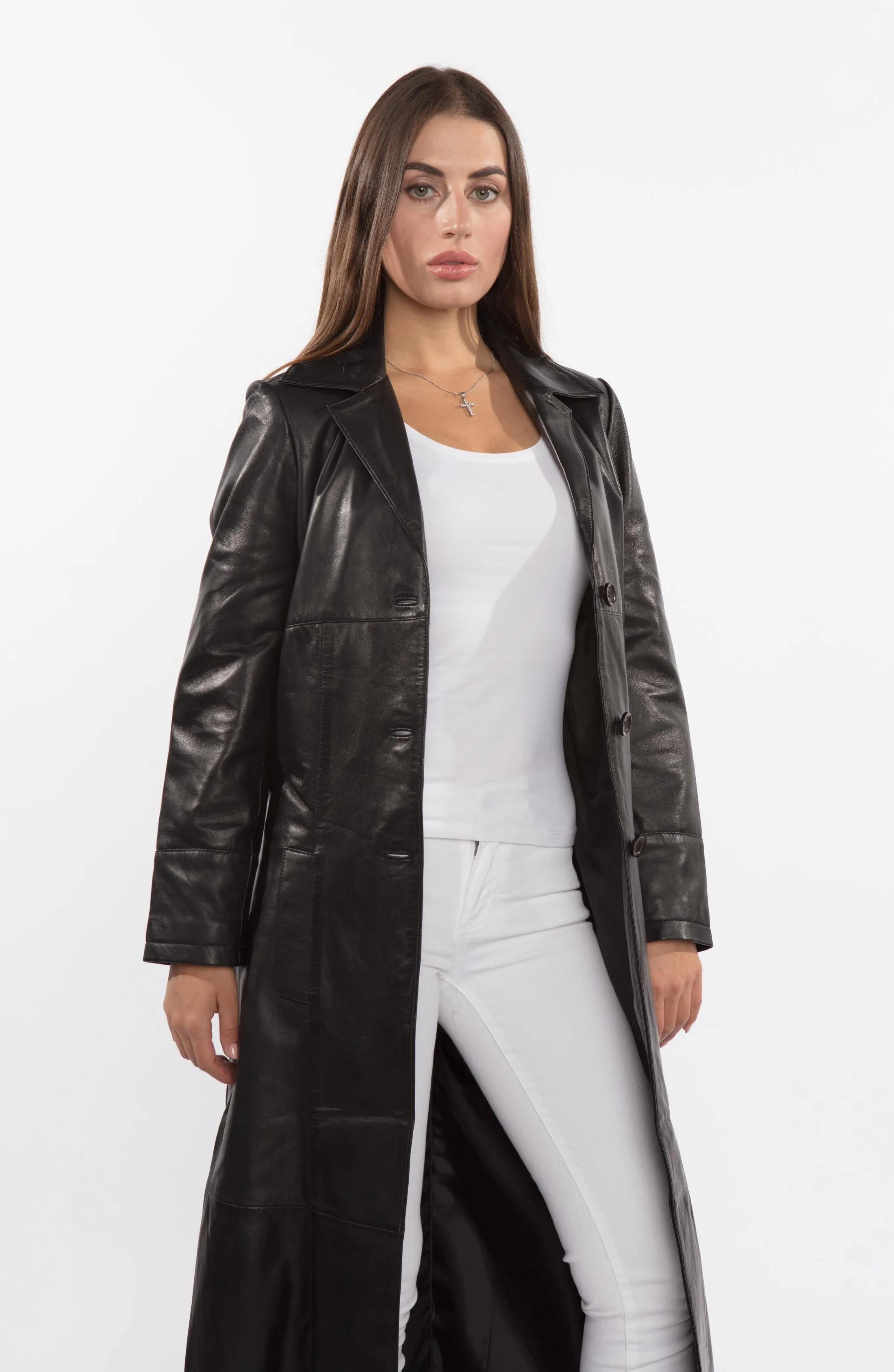 Ladies 3 Button Matrix Black Full Length Leather Coat