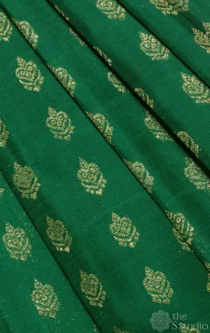 Leaf green kanchi silk blouse material with small Jhumka buttas