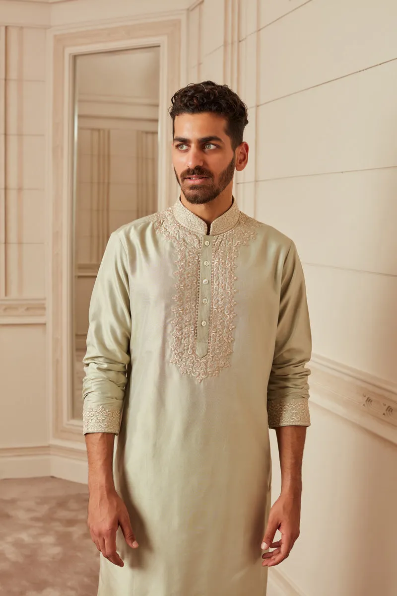 Light Green Spun Silk Kurta Set With Thread Embroidered Placket