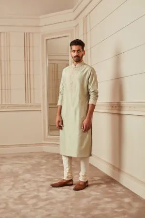 Light Green Spun Silk Kurta Set With Thread Embroidered Placket