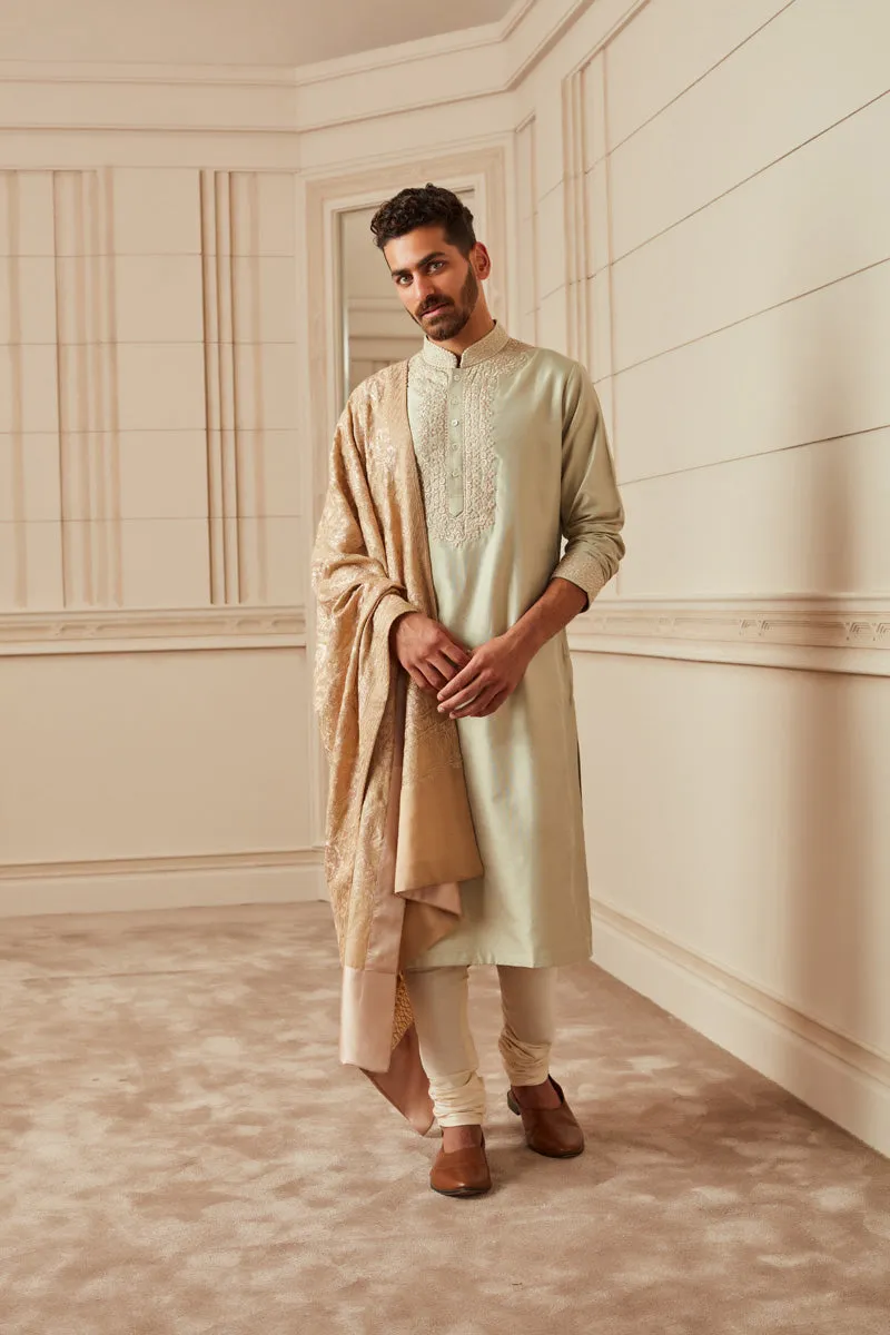 Light Green Spun Silk Kurta Set With Thread Embroidered Placket