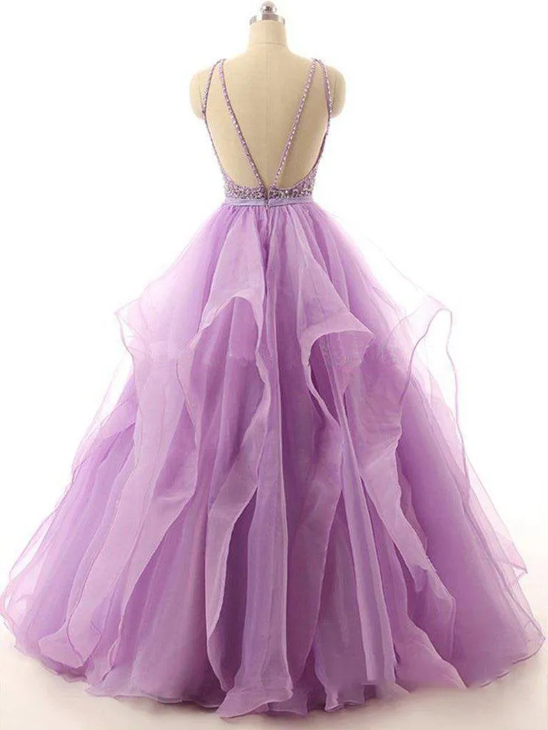 Lilac Lace Beaded Long Organza Quinceanera Ball Gowns