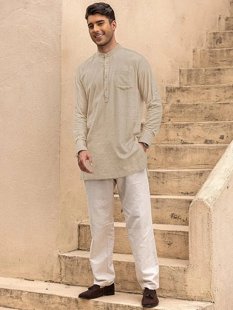 Linen Henley Long Sleeve Shirts with Pocket (US Only)