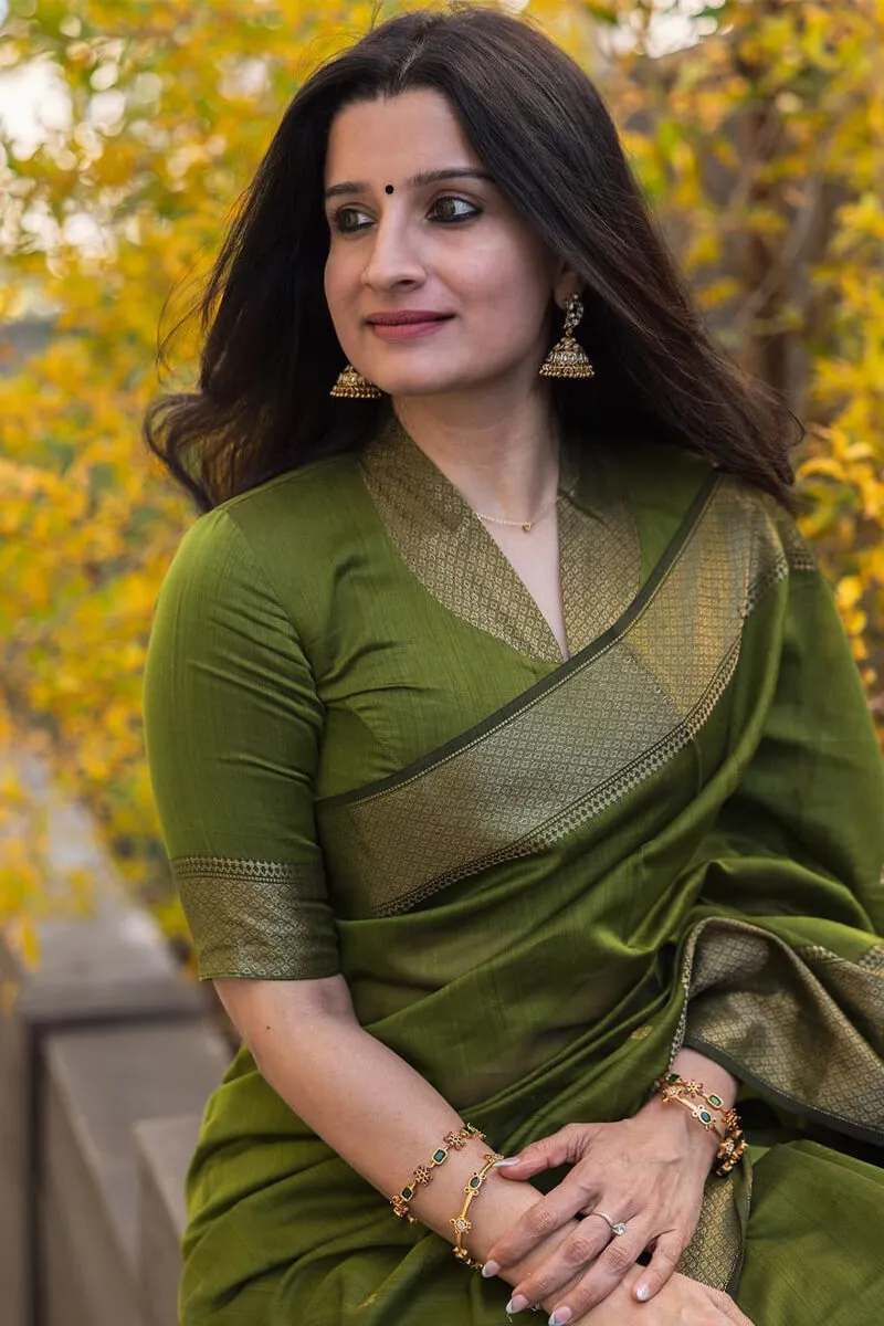 Lissome Green Cotton Silk Saree With Ratatouille Blouse Piece