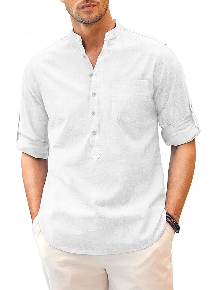 Long Sleeve Cotton Linen Henley Shirt (US Only)