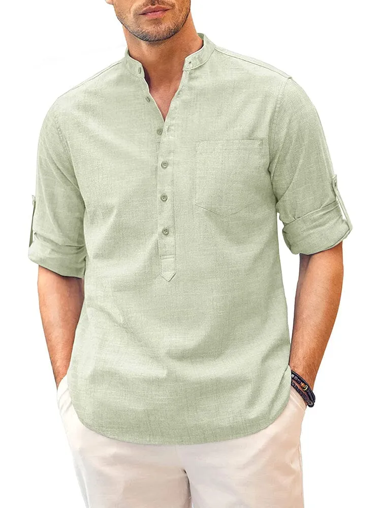 Long Sleeve Cotton Linen Henley Shirt (US Only)