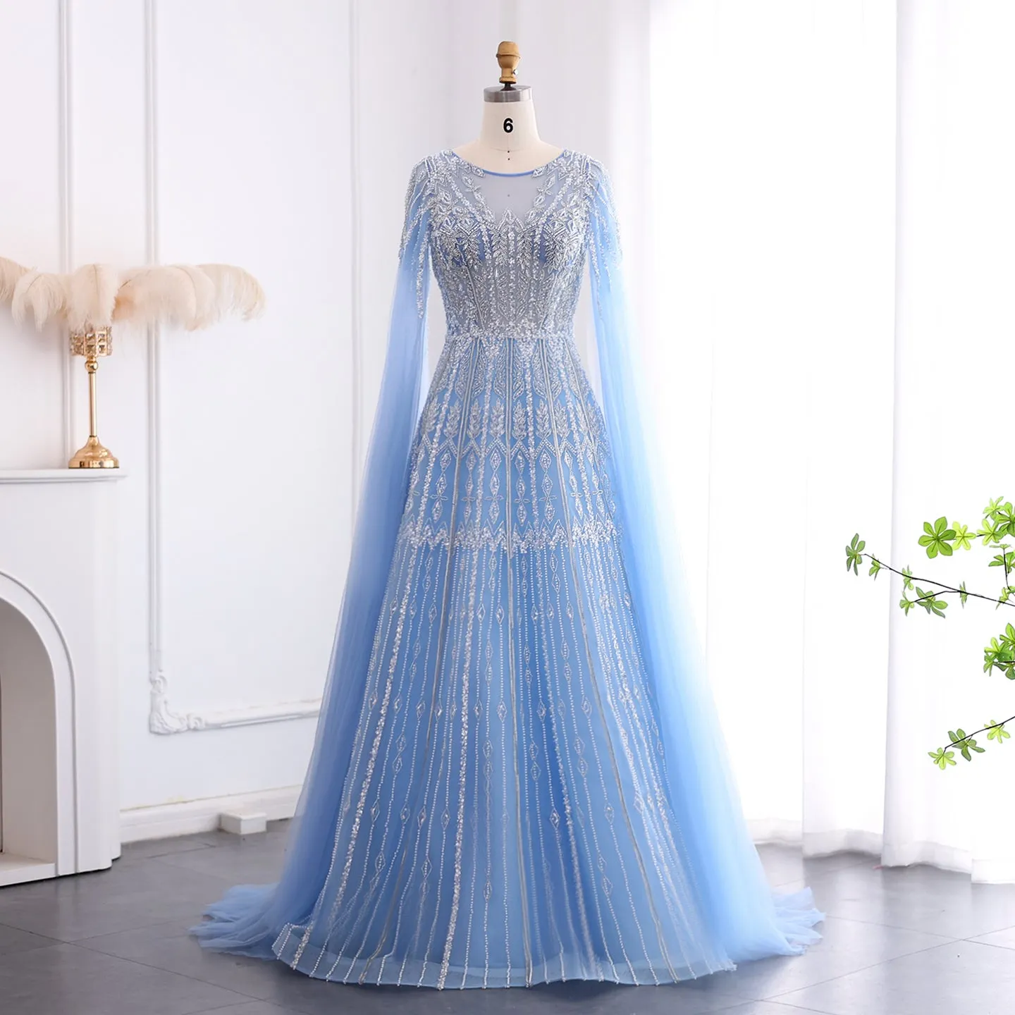 Luxury Blue Evening Dress with Cape Sleeves SS001