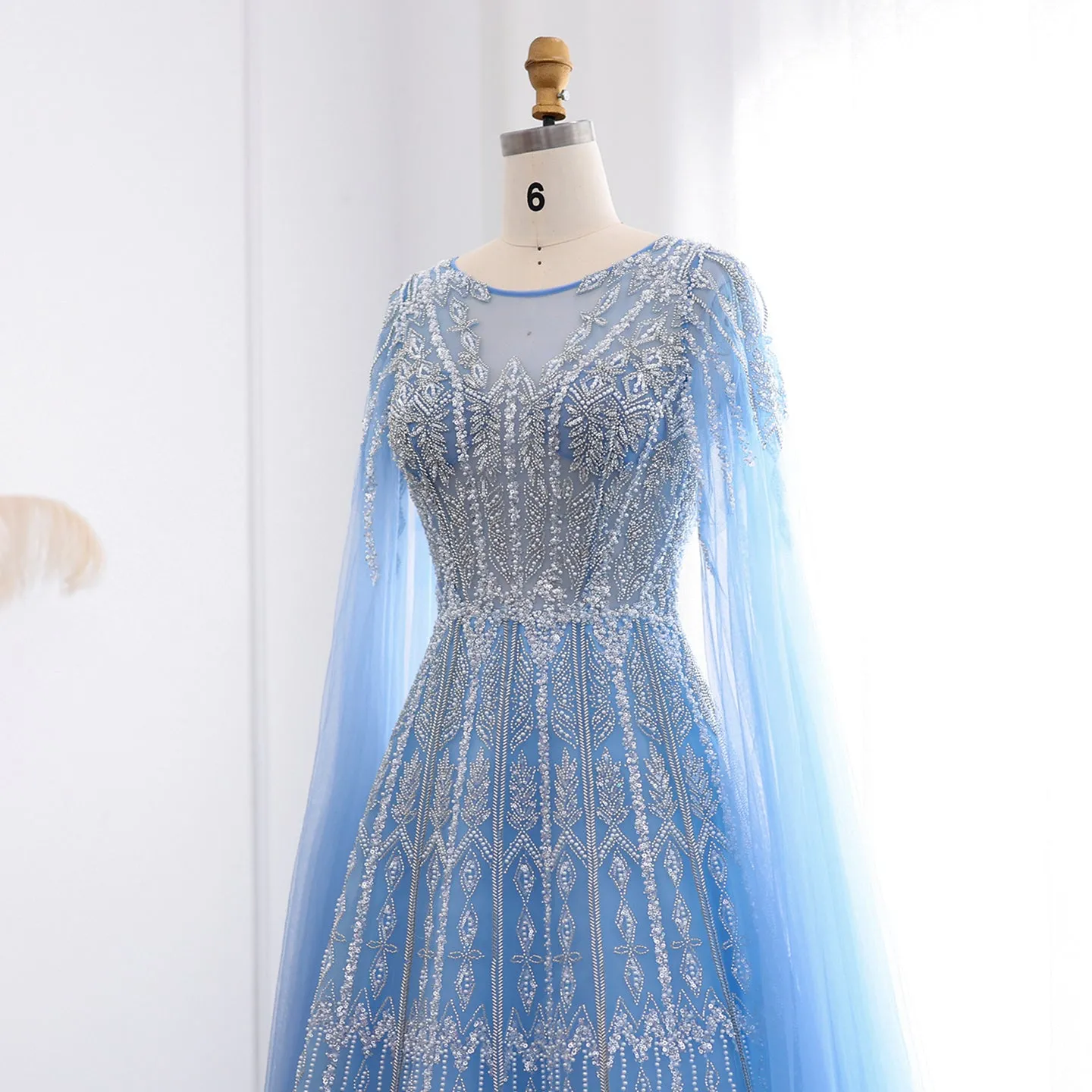 Luxury Blue Evening Dress with Cape Sleeves SS001