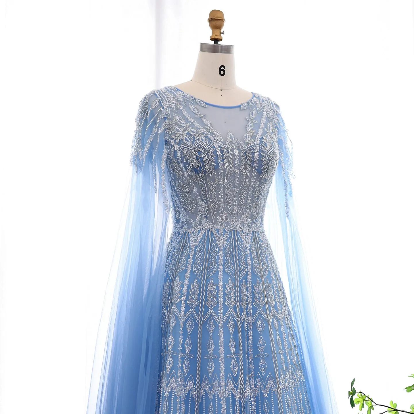 Luxury Blue Evening Dress with Cape Sleeves SS001