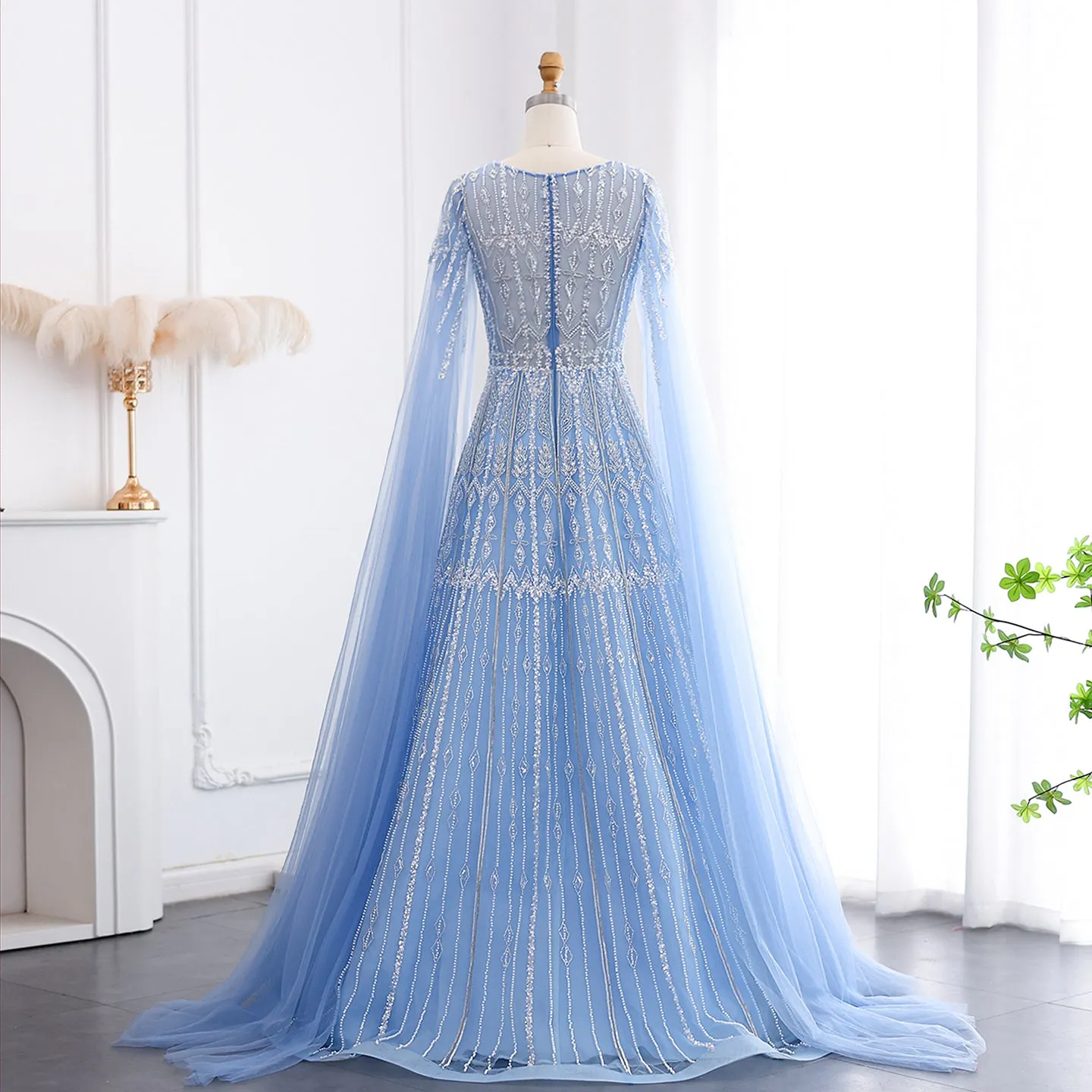 Luxury Blue Evening Dress with Cape Sleeves SS001