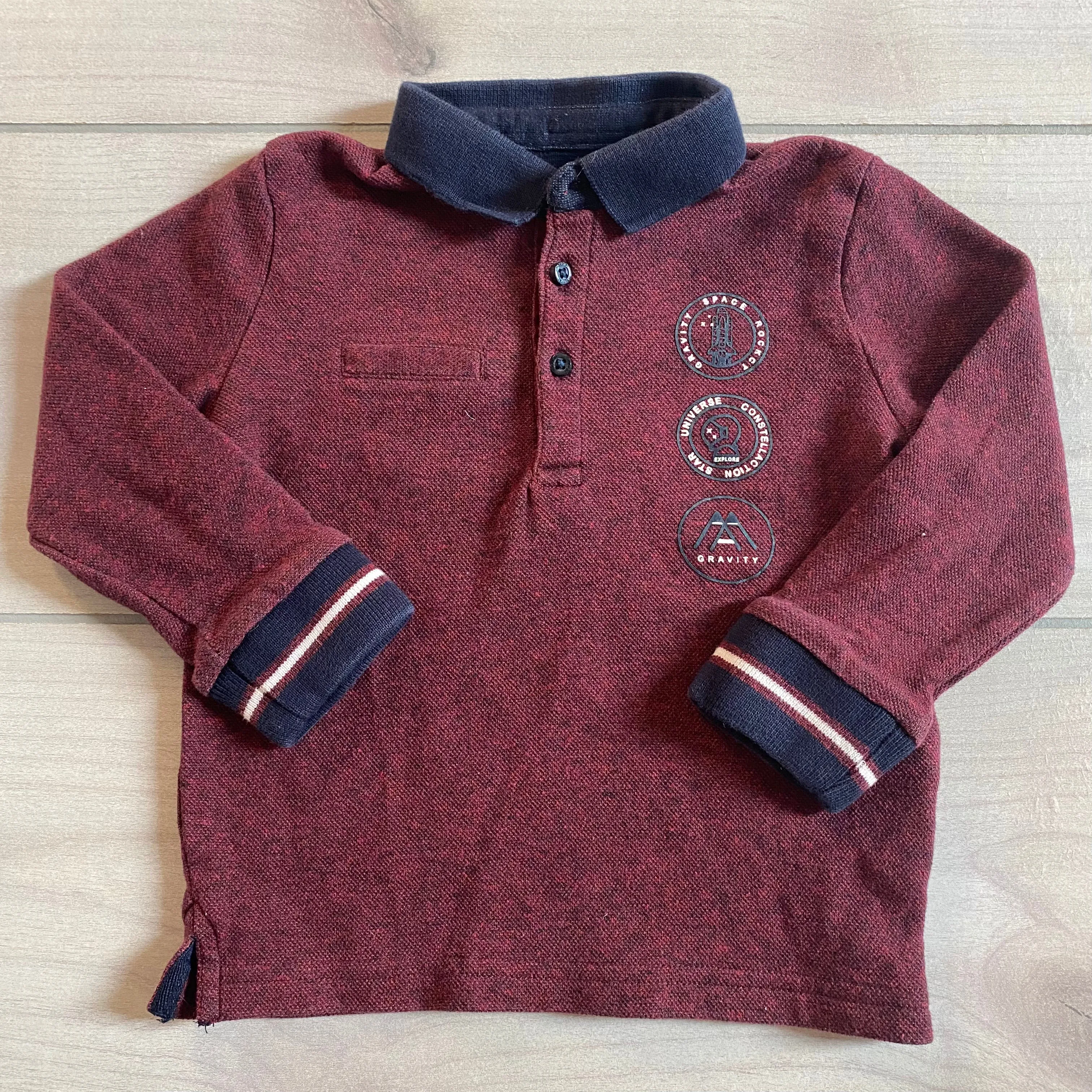 Mayoral Burgundy Space Theme Long Sleeve Polo Shirt