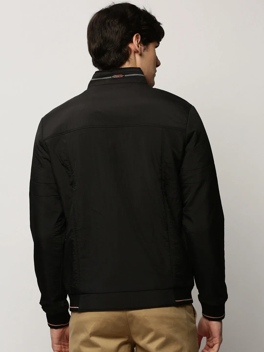 Men Black Solid Casual Bomber Jackets