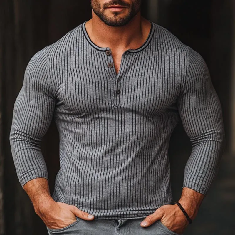 Men's Casual Striped Henley Collar Slim Fit Long Sleeve T-Shirt 70706637M