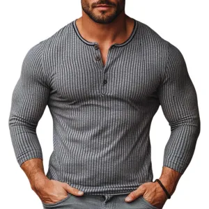 Men's Casual Striped Henley Collar Slim Fit Long Sleeve T-Shirt 70706637M