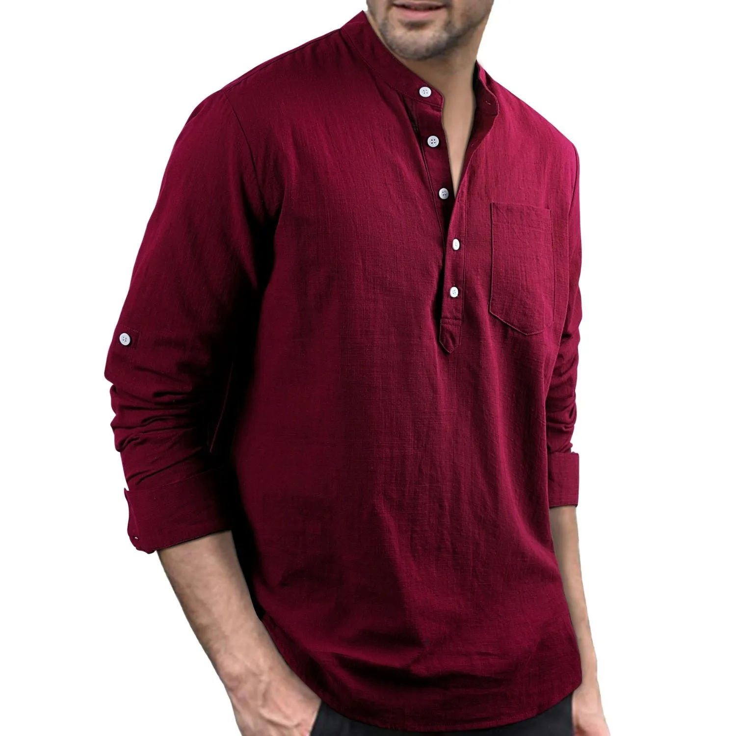 Men‘s Henley Shirt Cotton Linen with Pocket - BURGUNDY