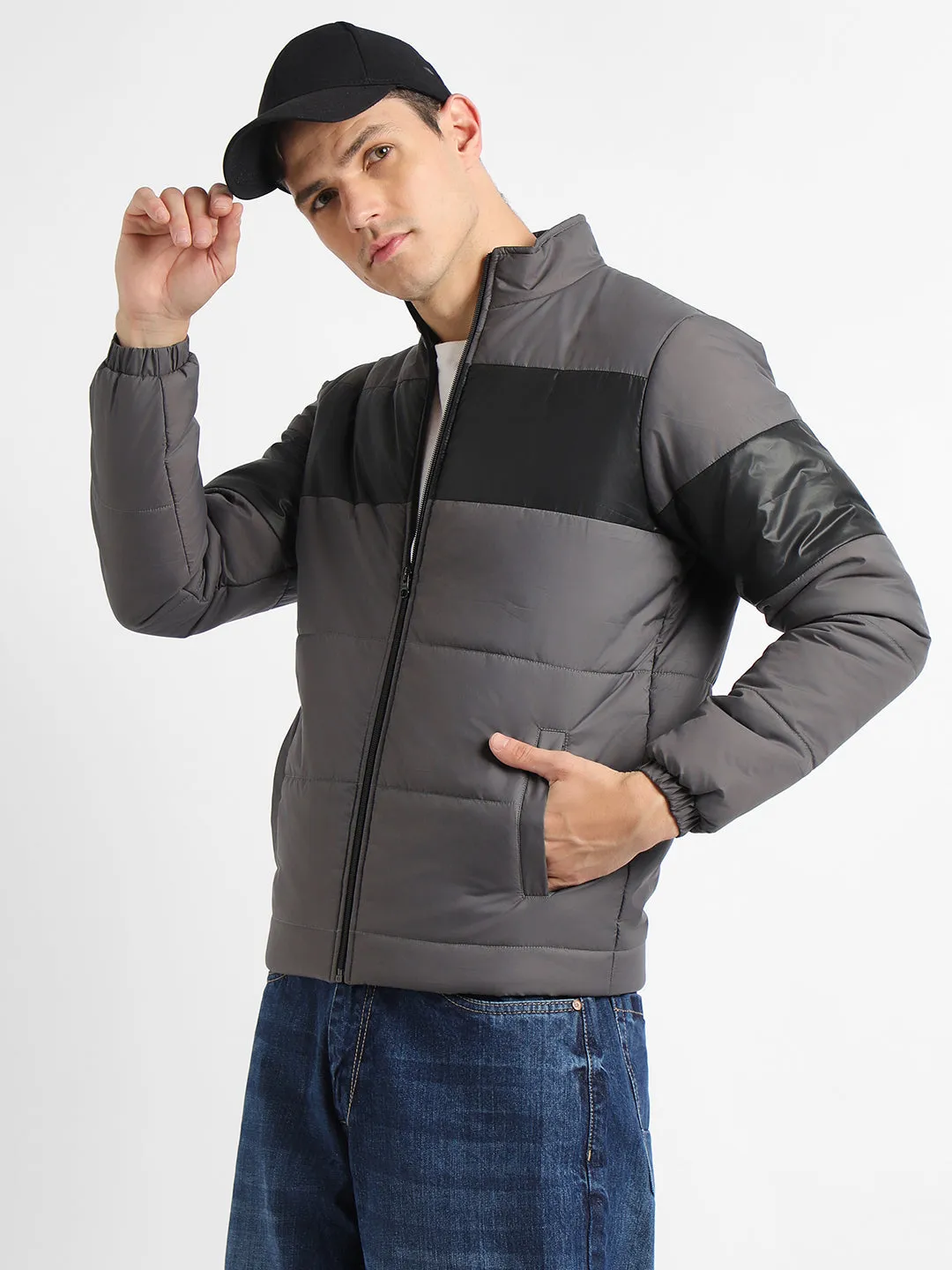 Men's High Neck Regular Fit Panelled Dark Grey Jackets