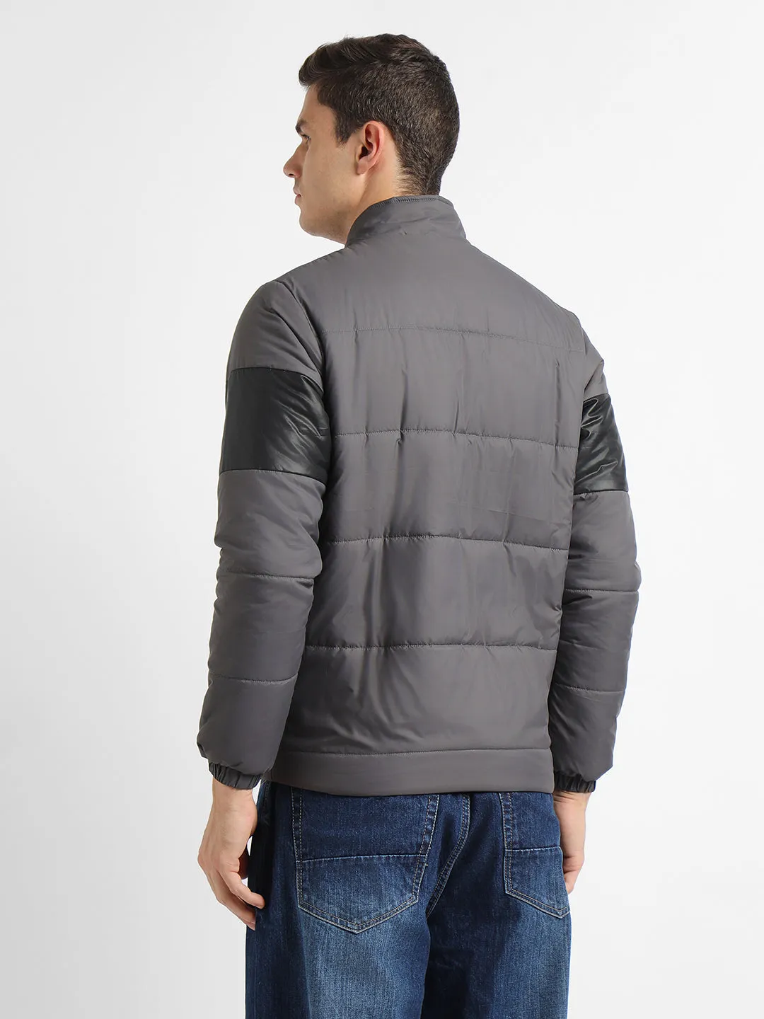 Men's High Neck Regular Fit Panelled Dark Grey Jackets