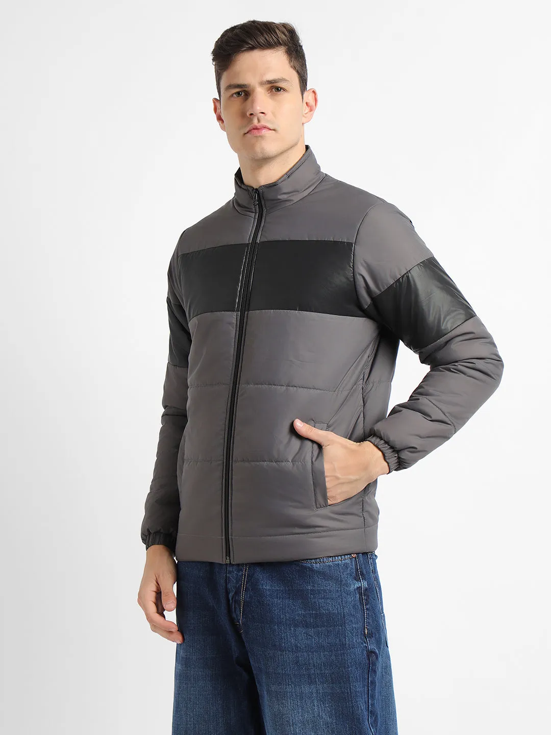 Men's High Neck Regular Fit Panelled Dark Grey Jackets