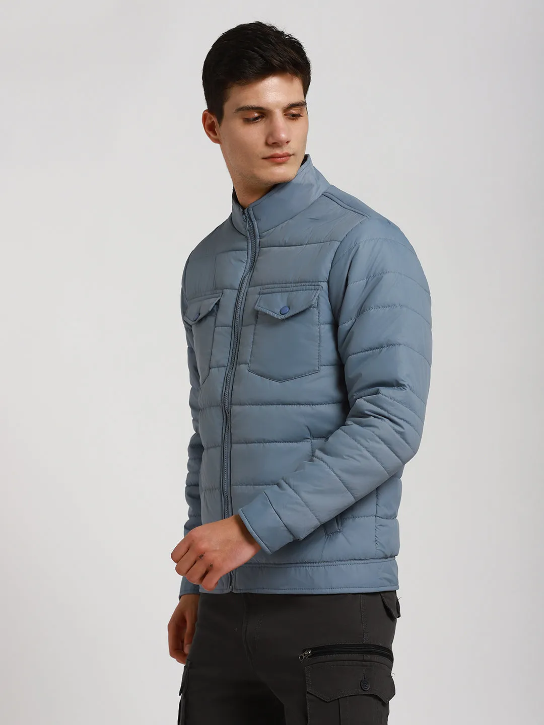 Men's High Neck Regular Fit Solid With Patch Pocket Heaven Blue Jackets