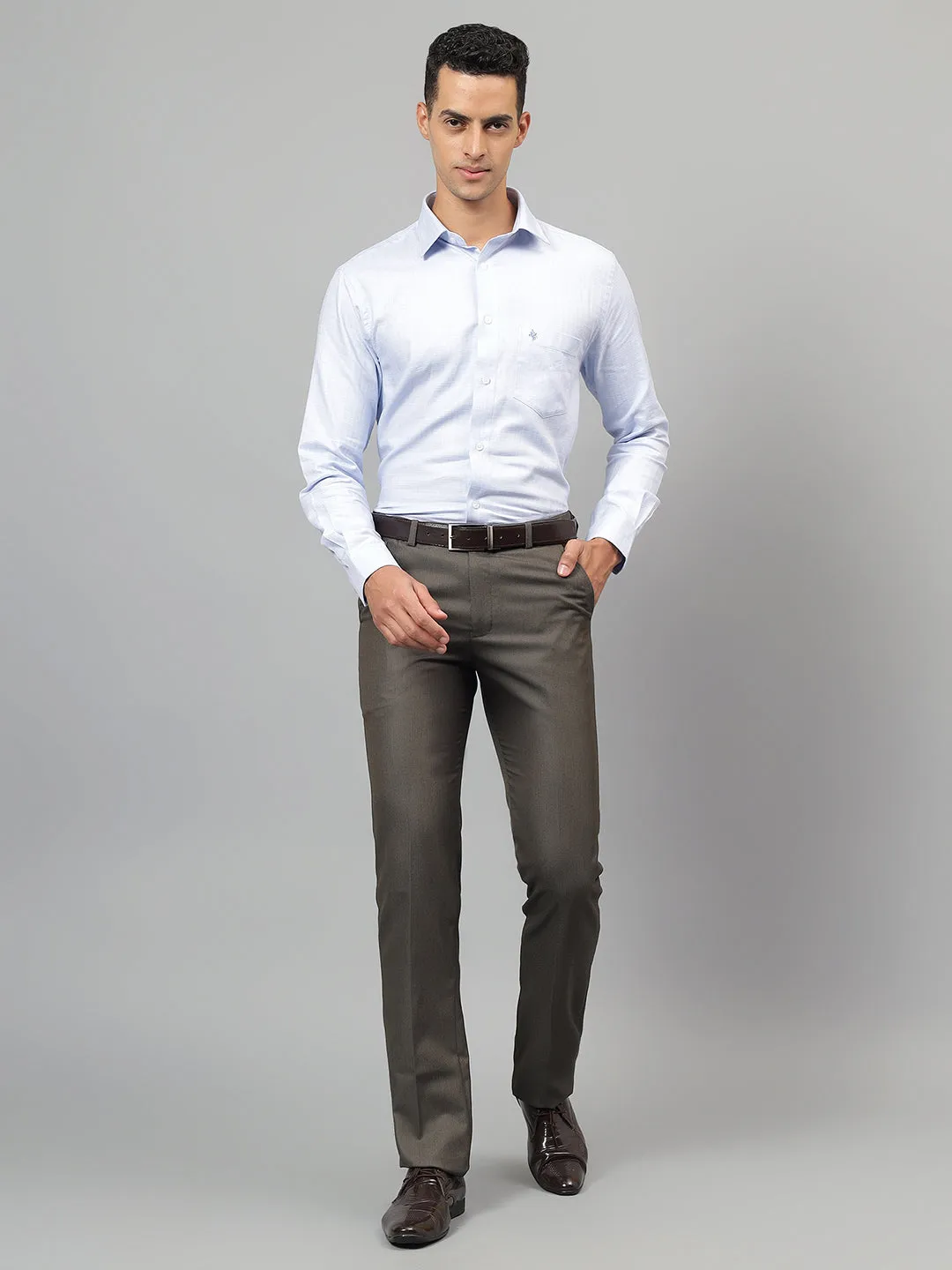 Men's Khaki Self-Design Non-Pleated Formal Trouser